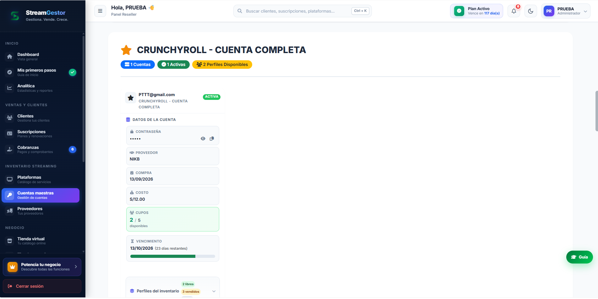 Control de Cuentas Maestras e Inventario StreamGestor