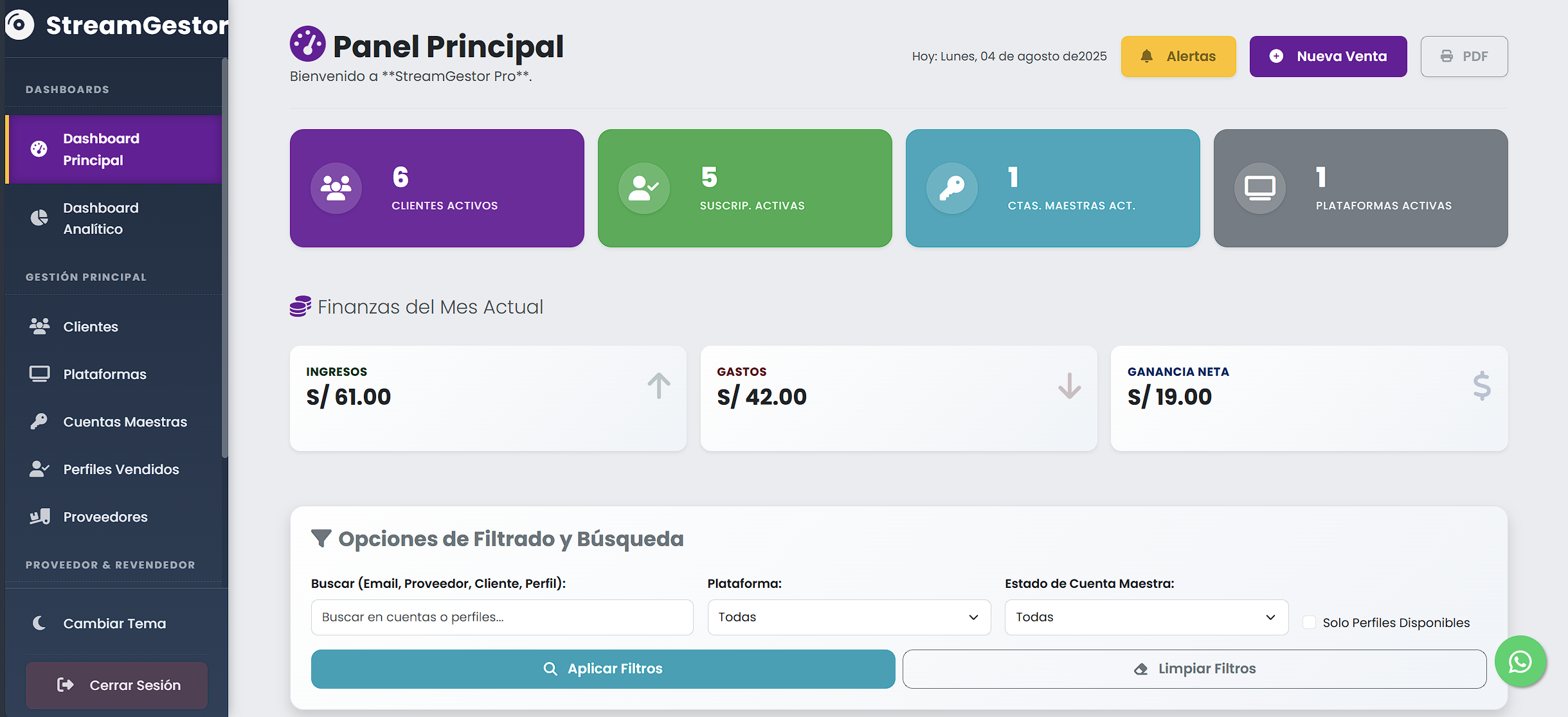 Dashboard de StreamGestor mostrando finanzas y alertas de vencimiento