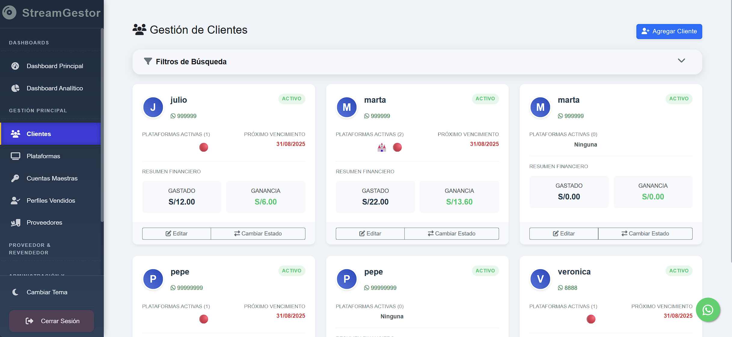 Gestión de clientes en StreamGestor con historial de pagos y suscripciones