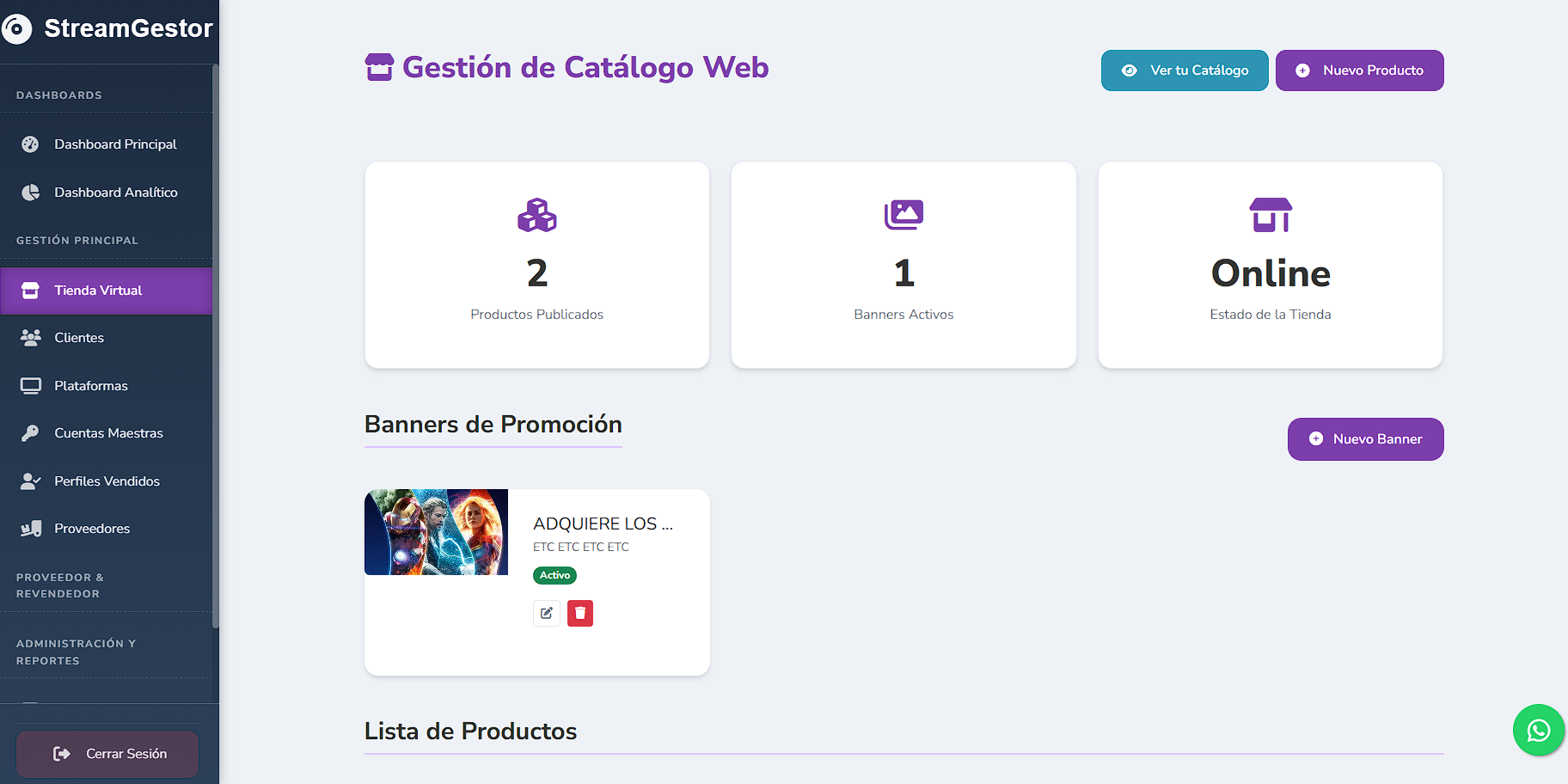 Tienda virtual personalizable de StreamGestor para vender servicios de streaming