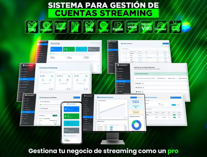 Interfaz del dashboard de StreamGestor en una laptop, mostrando gráficos de ingresos y clientes activos.