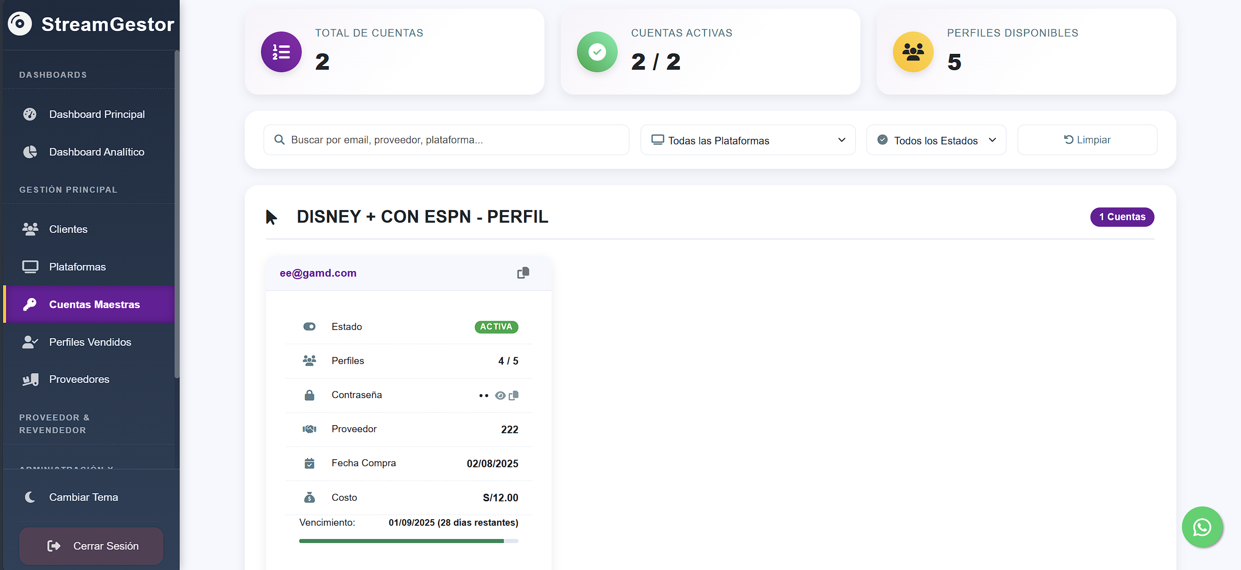 Dashboard de Cuentas Maestras