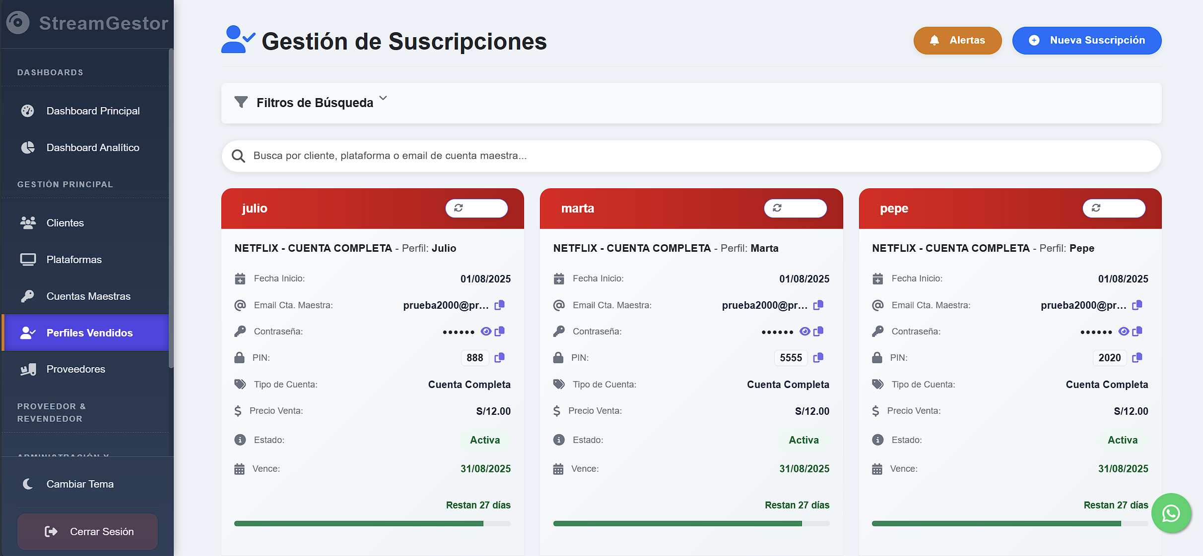 Gestión de Suscripciones